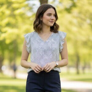 LOFT Polka Dot Ruffle Sleeve Blouse Women's Small White Black Office Casual